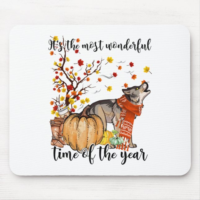 Mousepad Wolf Dog Fall Pumpkins Autumn Leaf Tree (Frente)