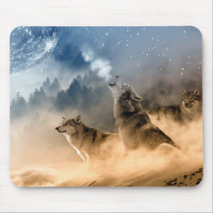 Mousepad Wolfs o uivo em uma noite estrelado nevoenta fria