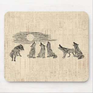Mousepad Wolves Howling na Lua Vintage Wolf Art