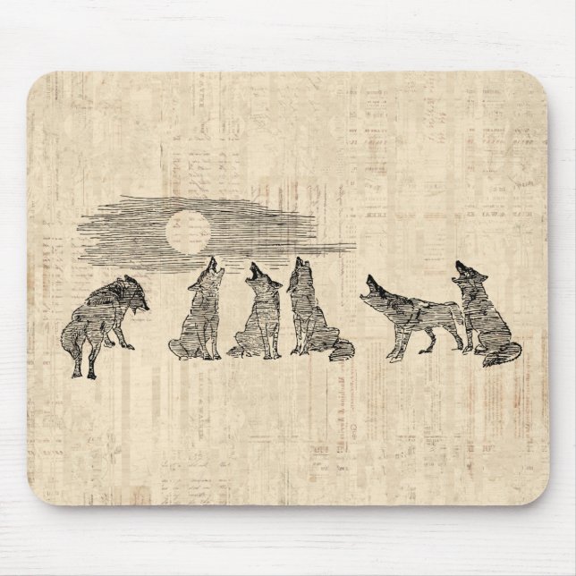 Mousepad Wolves Howling na Lua Vintage Wolf Art (Frente)