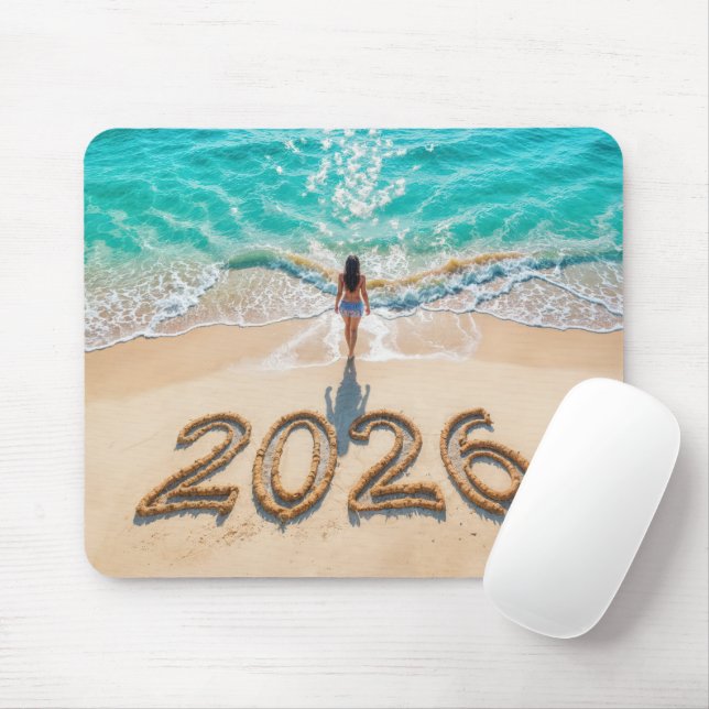 Mousepad Woman Walking On a New Year 2026 Beach (Com mouse)