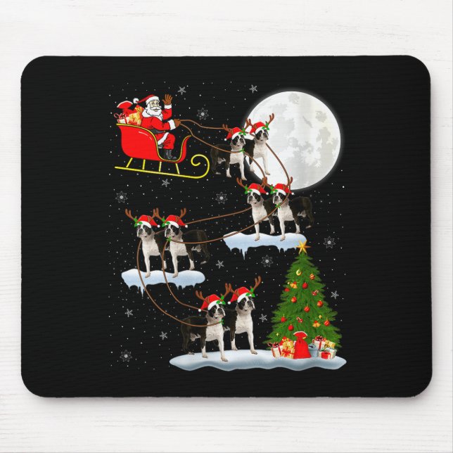 Mousepad Womens Boston Terrier Dog Santa Sleigh Flying Funn (Frente)
