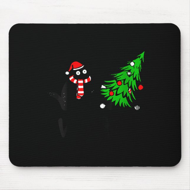 Mousepad Womens Funny Black Cat Gift Pushing Christmas Tree (Frente)