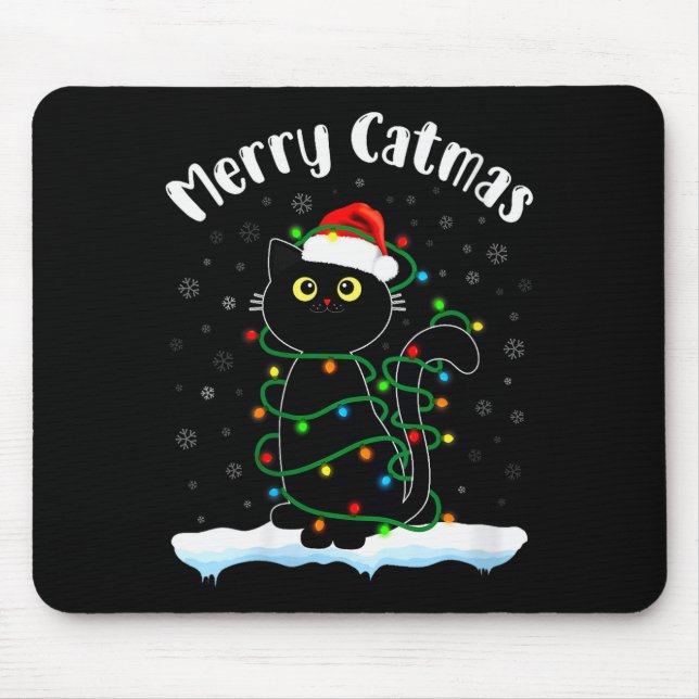 Mousepad Womens Merry Catmas Cat Wearing Santa Hat Black Ca (Frente)