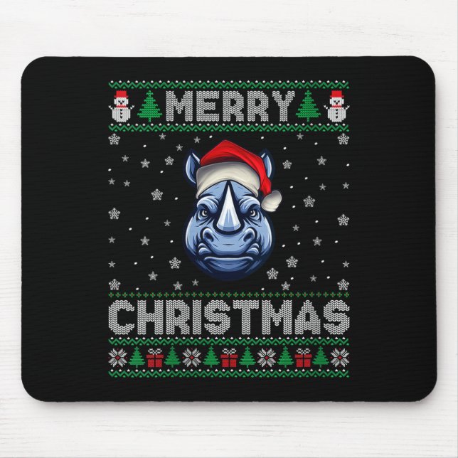 Mousepad Womens Merry Christmas 2025 Rhino Santa Hat Ugly X (Frente)
