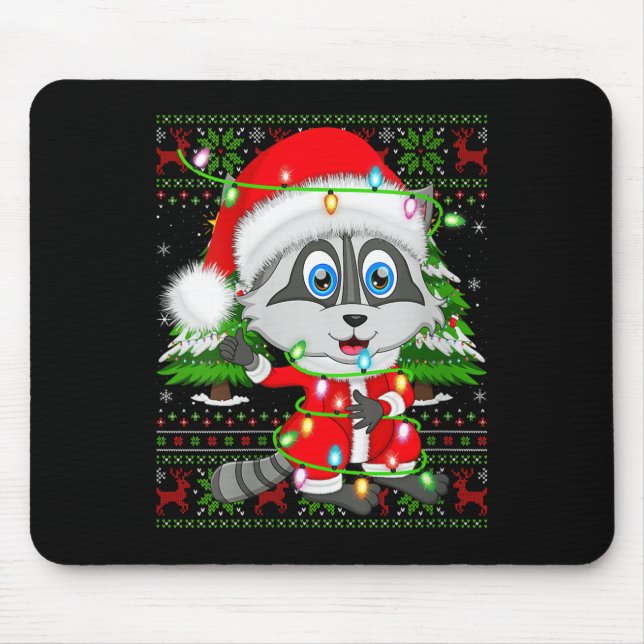 Mousepad Womens Raccoon Christmas Lights Santa Costume Ugly (Frente)