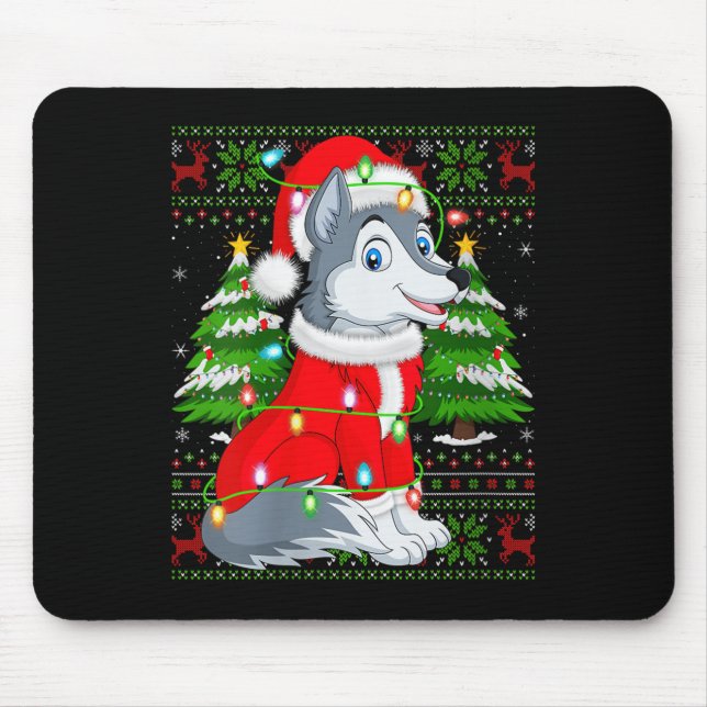 Mousepad Womens Wolf Christmas Lights Santa Costume Ugly Xm (Frente)