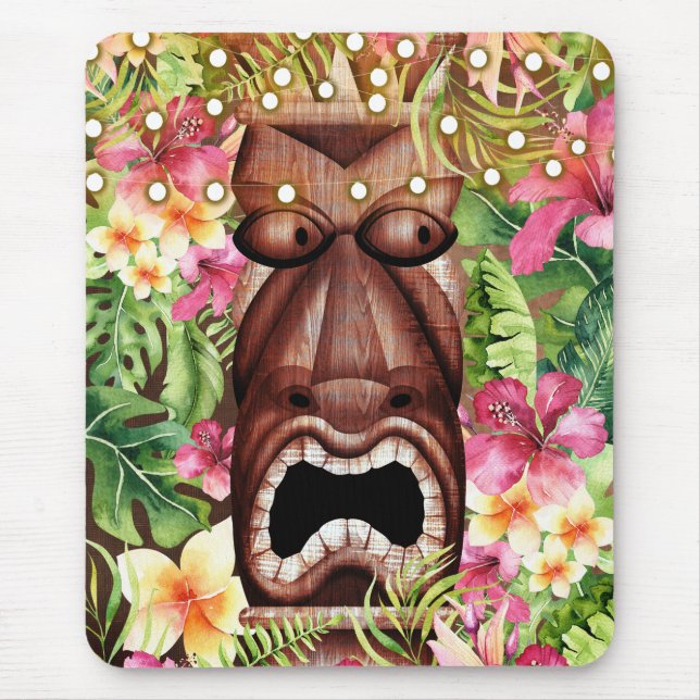 Mousepad Wooden Hawaiian Tiki Luau Island Summer Floral (Frente)