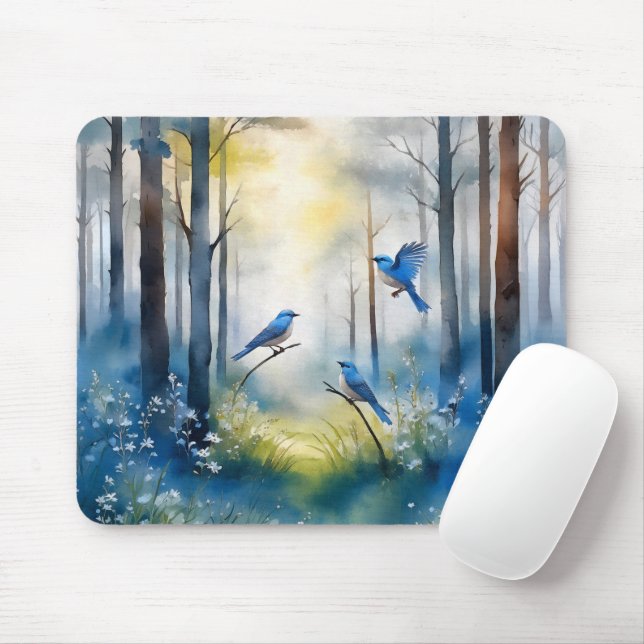 Mousepad Woodland Bluebirds Scenic Forest (Com mouse)