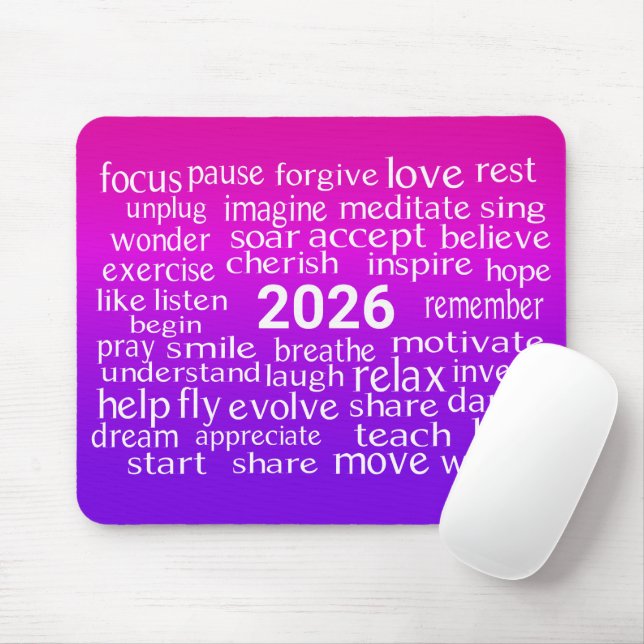 Mousepad Word Cloud 2026 em rosa e roxo (Com mouse)