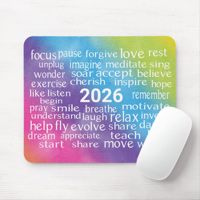Mousepad Word Cloud 2026 Na Abstrato do Arco-Íris (Com mouse)