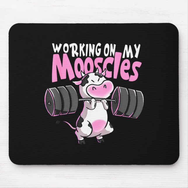 Mousepad Working On My Mooscles Funny Gym Cow Weightlifting (Frente)