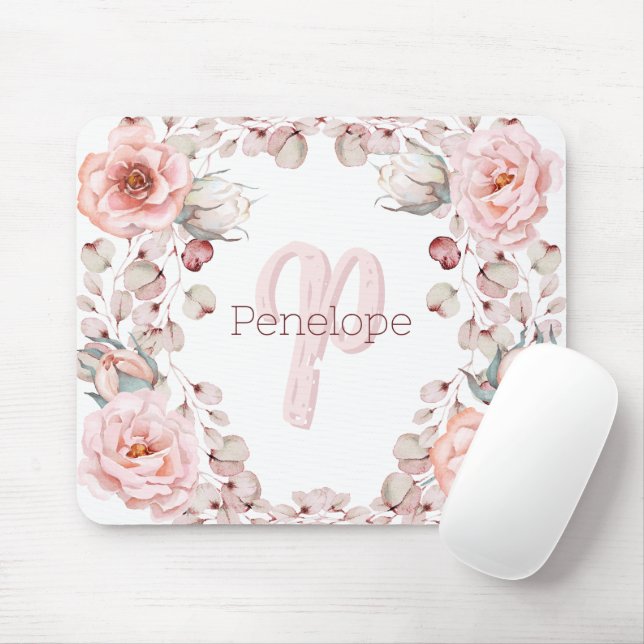 Mousepad Wreath Rosa de Aquarela Personalizada | Branca (Com mouse)