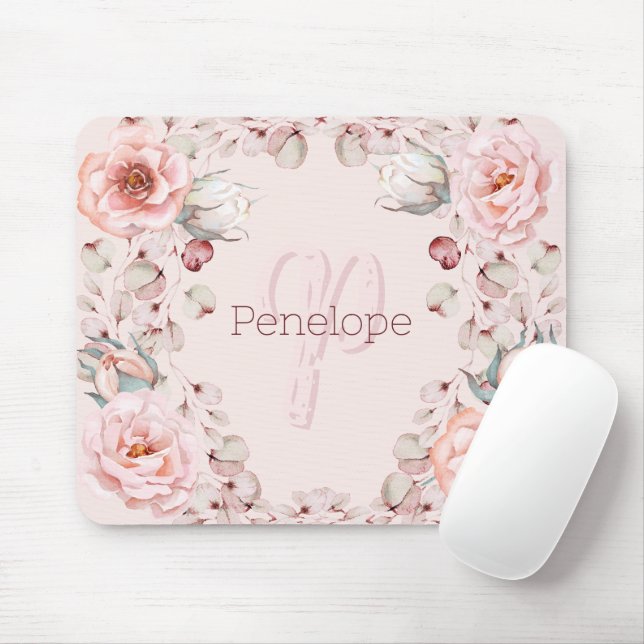 Mousepad Wreath Rosa de Aquarela Personalizada | Cor de Ros (Com mouse)