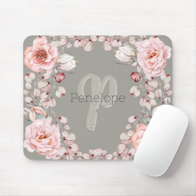 Mousepad Wreath Rosa de Aquarela Personalizada | Sage Green (Com mouse)