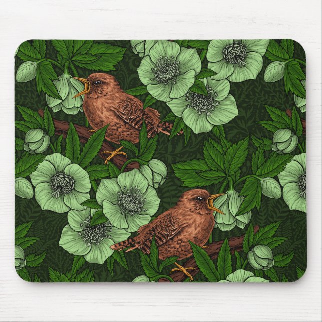 Mousepad Wren e hellebord em verde escuro (Frente)