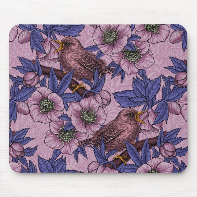 Mousepad Wren e hellebore, rosa e violeta (Frente)