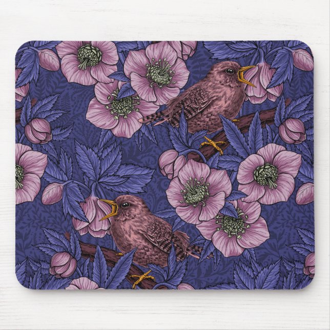 Mousepad Wren e hellebore, violeta e rosa (Frente)