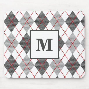 Mousepad Xadrez Argyle Vermelho Cinza Prata Monograma