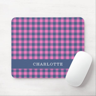 Mousepad Xadrez de Búfalo Retro Rosa Azul Nome Personalizad