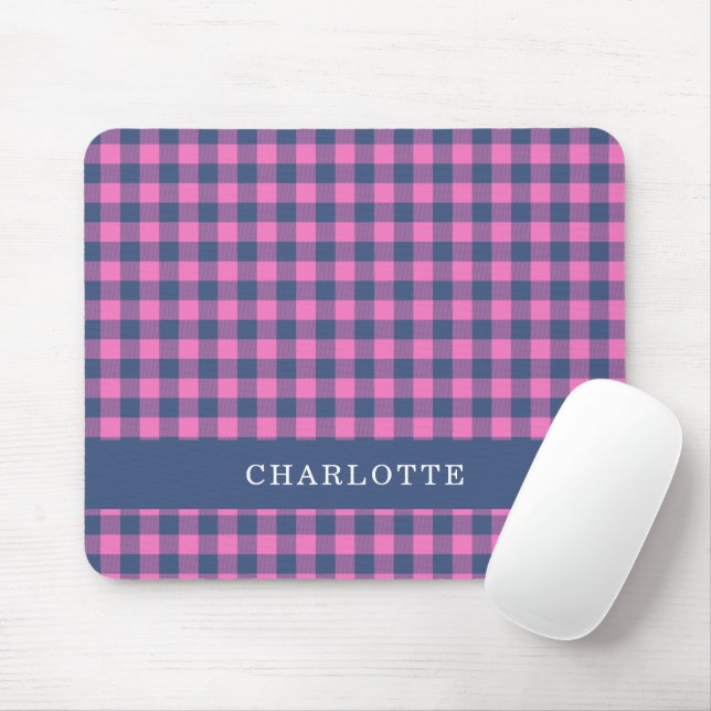 Mousepad Xadrez de Búfalo Retro Rosa Azul Nome Personalizad (Com mouse)
