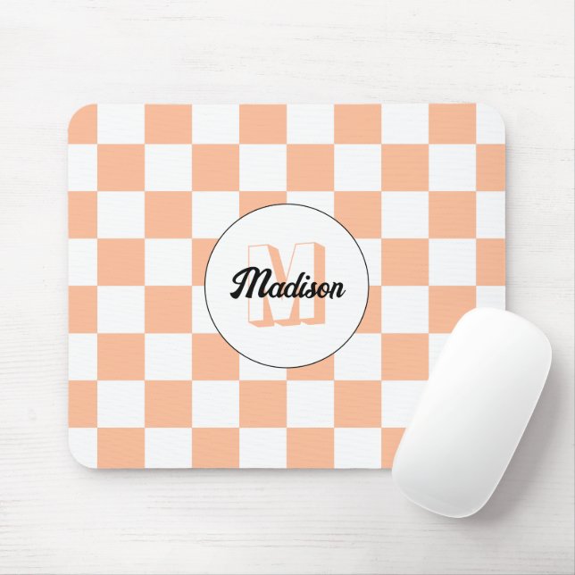 Mousepad Xadrez de pêssego branco geométrico retrô Monogram (Com mouse)