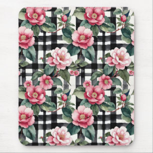 Mousepad Xadrez Preta e Branca com Camellias Rosa Folha