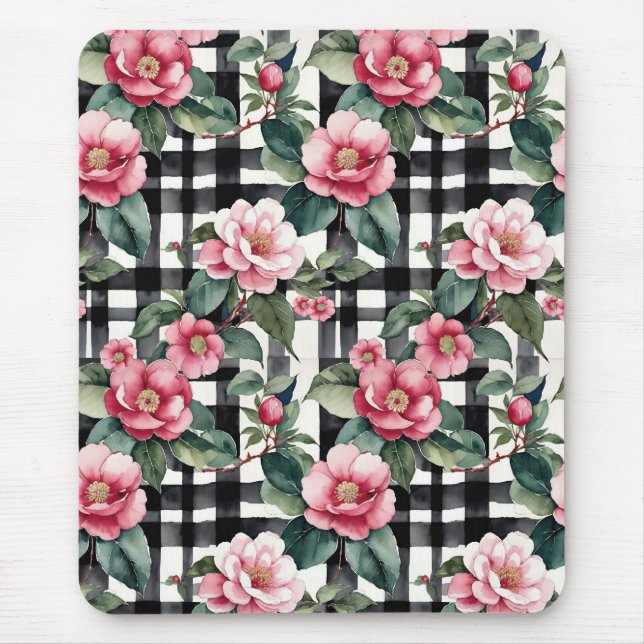 Mousepad Xadrez Preta e Branca com Camellias Rosa Folha (Frente)