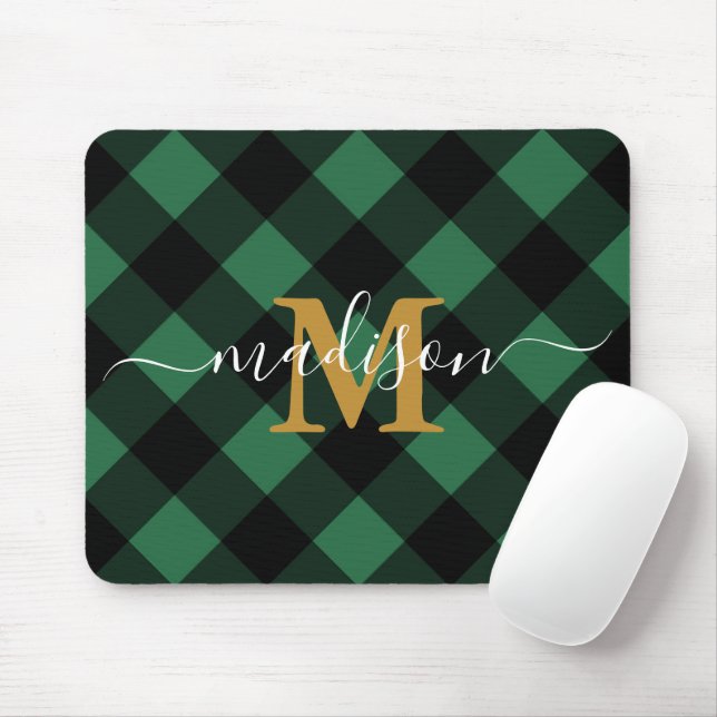 Mousepad Xadrez verde feriado com Monograma e Nome (Com mouse)