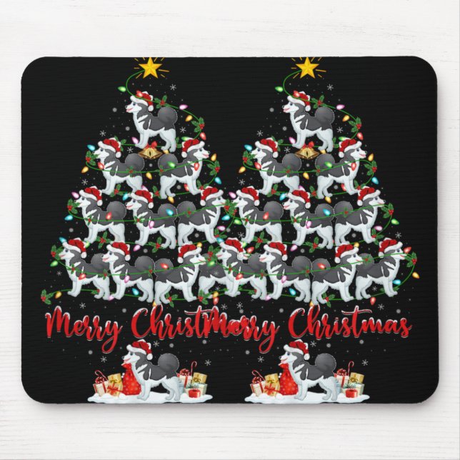 Mousepad Xmas Lights Santa Siberian Husky Dog Christmas Tre (Frente)