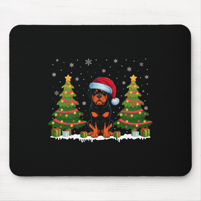 Mousepad Xmas Tree Lights Rottweiler Cão Santa Hat Christma (Frente)