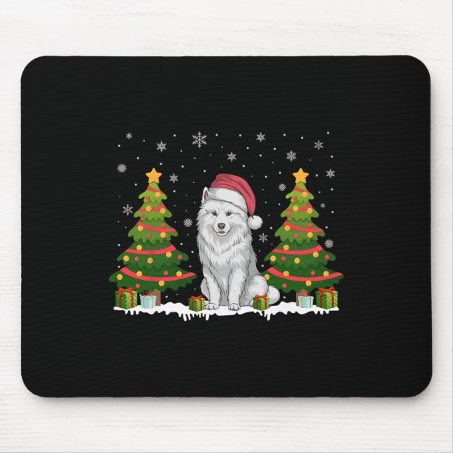 Mousepad Xmas Tree Lights Samoyed Dog Santa Hat Natal S (Frente)