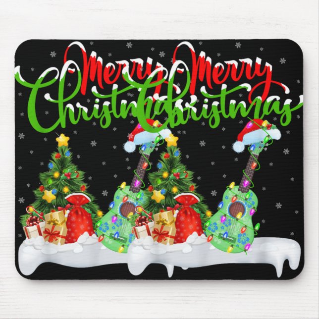 Mousepad Xmas Tree Lights Santa Hat Musical Ukulele Guitar  (Frente)