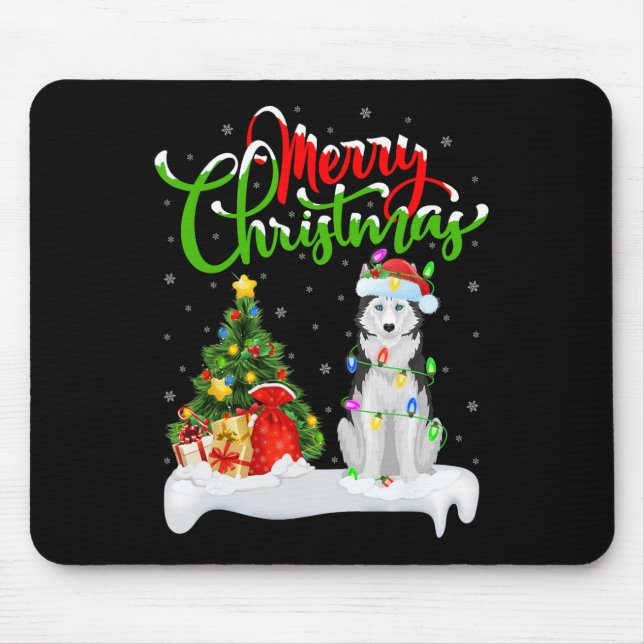 Mousepad Xmas Tree Lights Santa Hat Siberian Husky Chri (Frente)