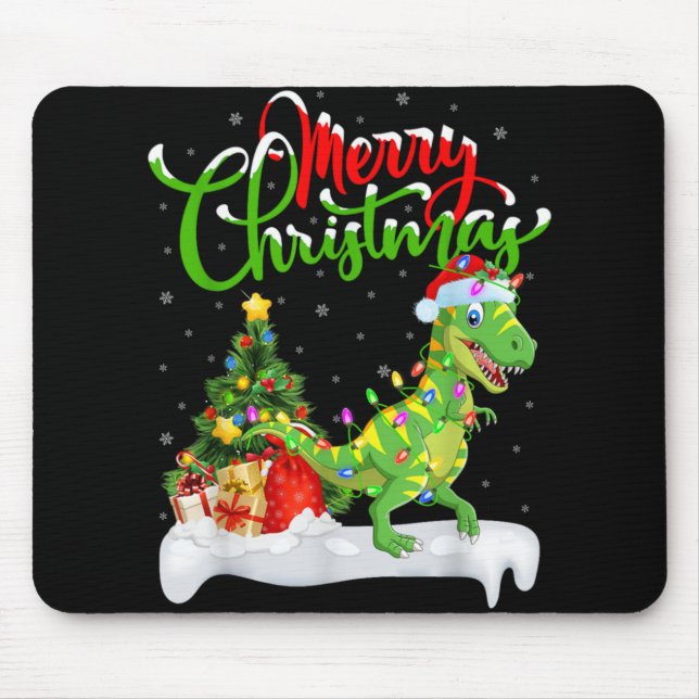 Mousepad Xmas Tree Lights Santa Hat T Rex Dinosaur Christma (Frente)