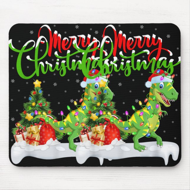 Mousepad Xmas Tree Lights Santa Hat T Rex Dinosaur Christma (Frente)
