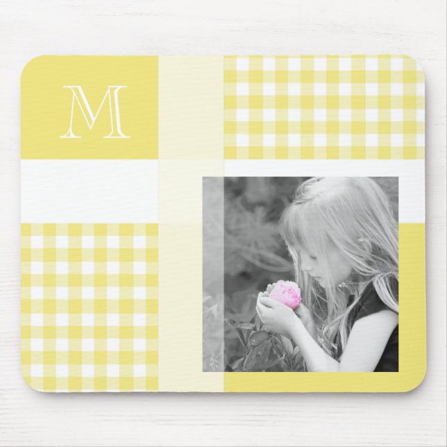 Mousepad Yellow Add Your Photo Gingham Modern Monograma (Frente)