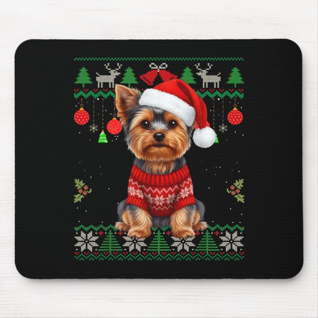Mousepad Yorkie Dog Christmas Wearing Ugly Christmas Sweate (Frente)