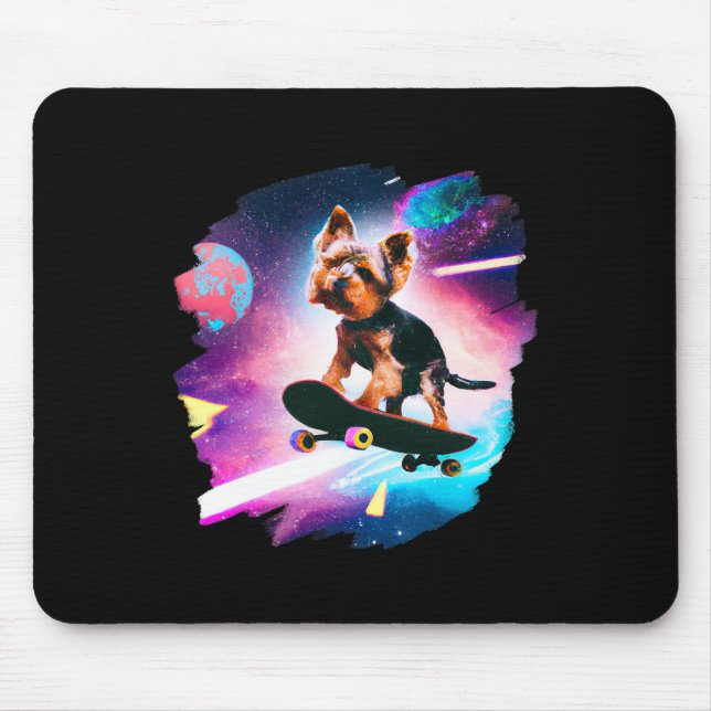 Mousepad Yorkie Yorkshire Terrier Skateboarding Space Retro (Frente)