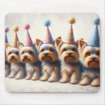Yorkies com chapéus de festa