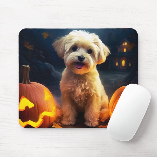 Mousepad Yorkipoo do Halloween Com Pumpkins Assustado (Com mouse)