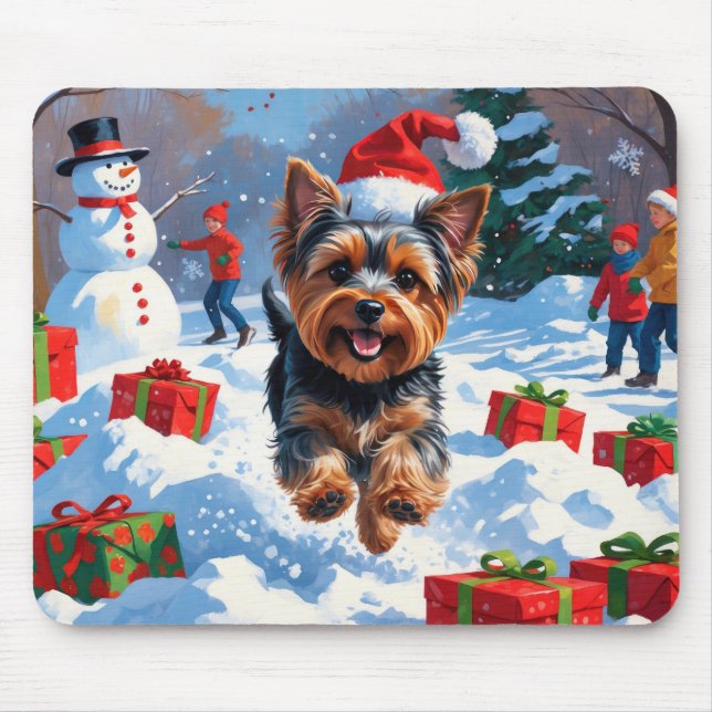 Mousepad Yorkshire Terrier na Neve com Chapéu de Natal (Frente)