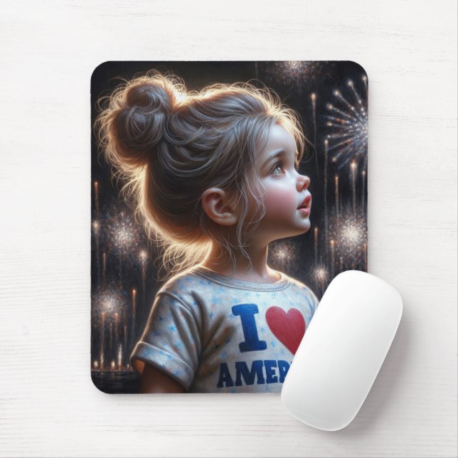 Mousepad Young American Girl Assistindo fogos de artifício (Com mouse)