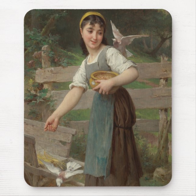 Mousepad Young Girl Feeding the Doves (por Émile Munier) (Frente)