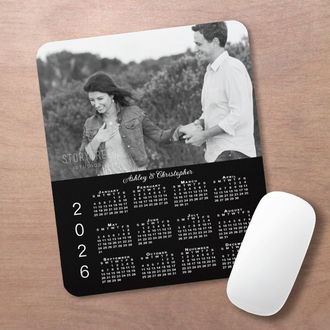 Mousepad Your Photo Names Personalized Black 2026 Calendar (Your Photo Names Personalized Black 2026 Calendar Mouse Pad, in situ)