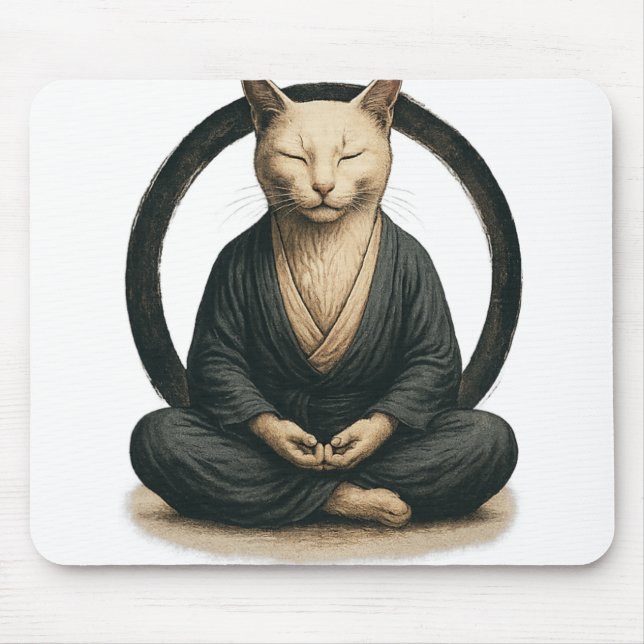 Mousepad Zen Meditating Cat – Enso Circle Mindful Yoga Art  (Frente)
