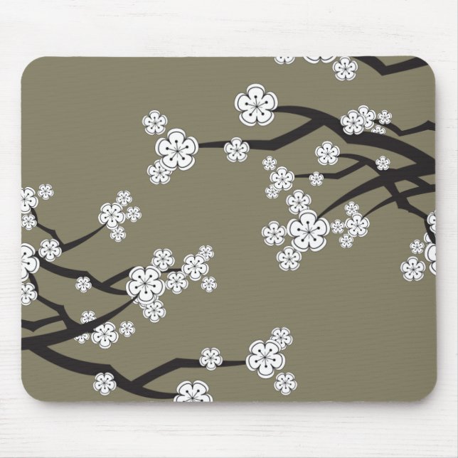 Mousepad Zen White Sakura Cherry Blossom Flores Em Cinzas (Frente)