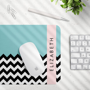 Mousepad Zigzag preto-e-branco, Chevron, azul, seu nome