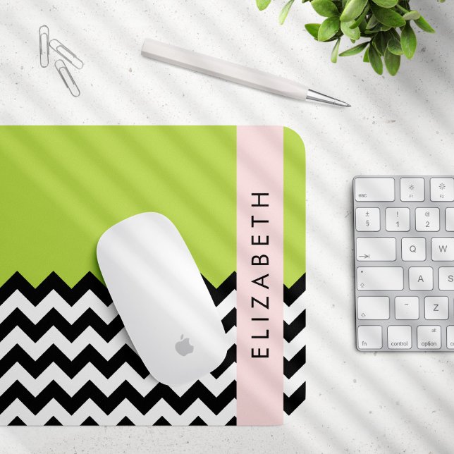 Mousepad Zigzag preto-e-branco, Chevron, verde, seu nome (Criador carregado)