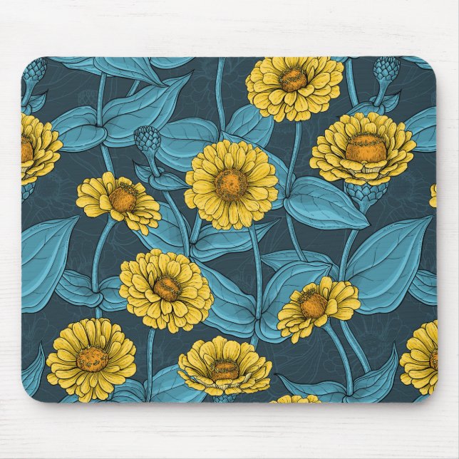 Mousepad Zinnias Amarelas em azul escuro (Frente)